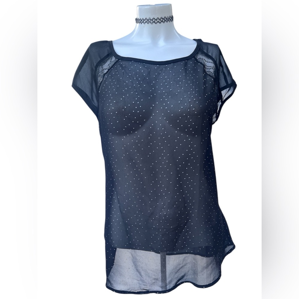Lily Rose Sheer Black Top W/Sparkles Lace Trim Size M